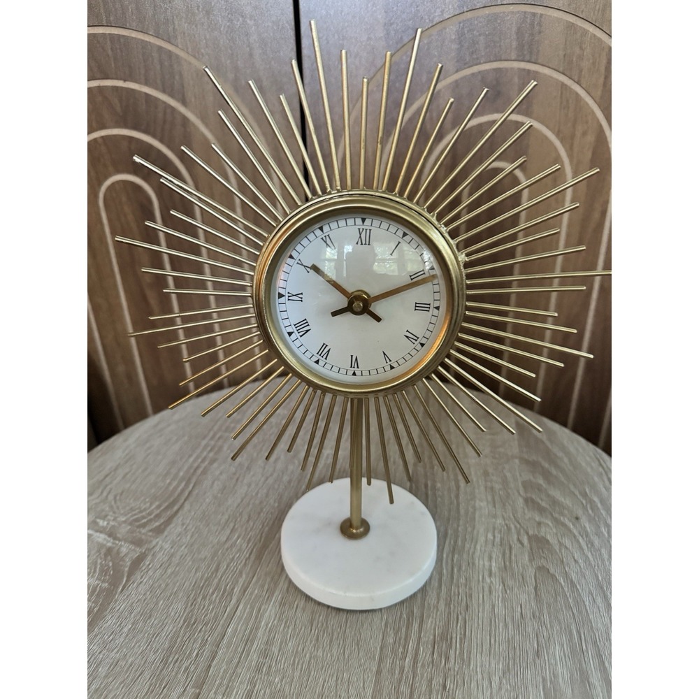 Midcentury Gold Sunburst Table Desk Clock Marble Base Made In USA 13"-battery